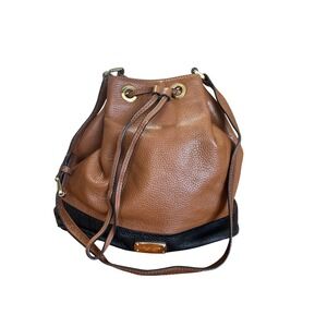 Michael Kors Pebbled Leather Drawstring Bucket Bag Brown Black Crossbody